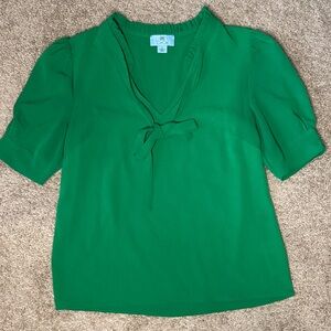 CeCe Emerald Green V-Neck Tie Front Puff Sleeve Blouse